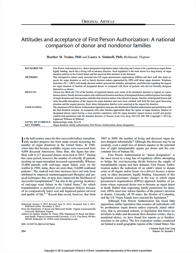 Attitudes and acceptance of first person authorization of donor and non-donor families paper {{brizy_dc_image_alt imageSrc=